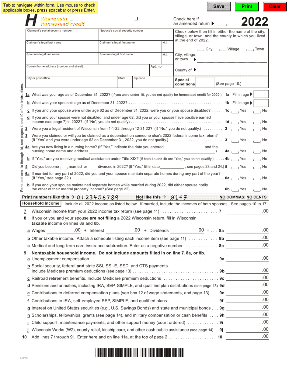 Form I-016I Schedule H Wisconsin Homestead Credit - Wisconsin, Page 1