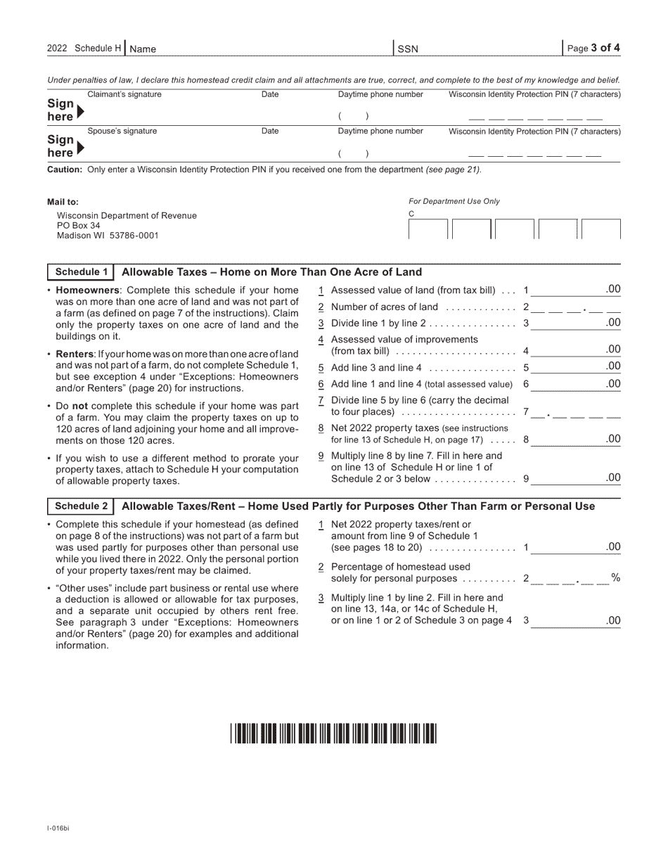 Form I016I Schedule H Download Fillable PDF or Fill Online Wisconsin Homestead Credit 2022