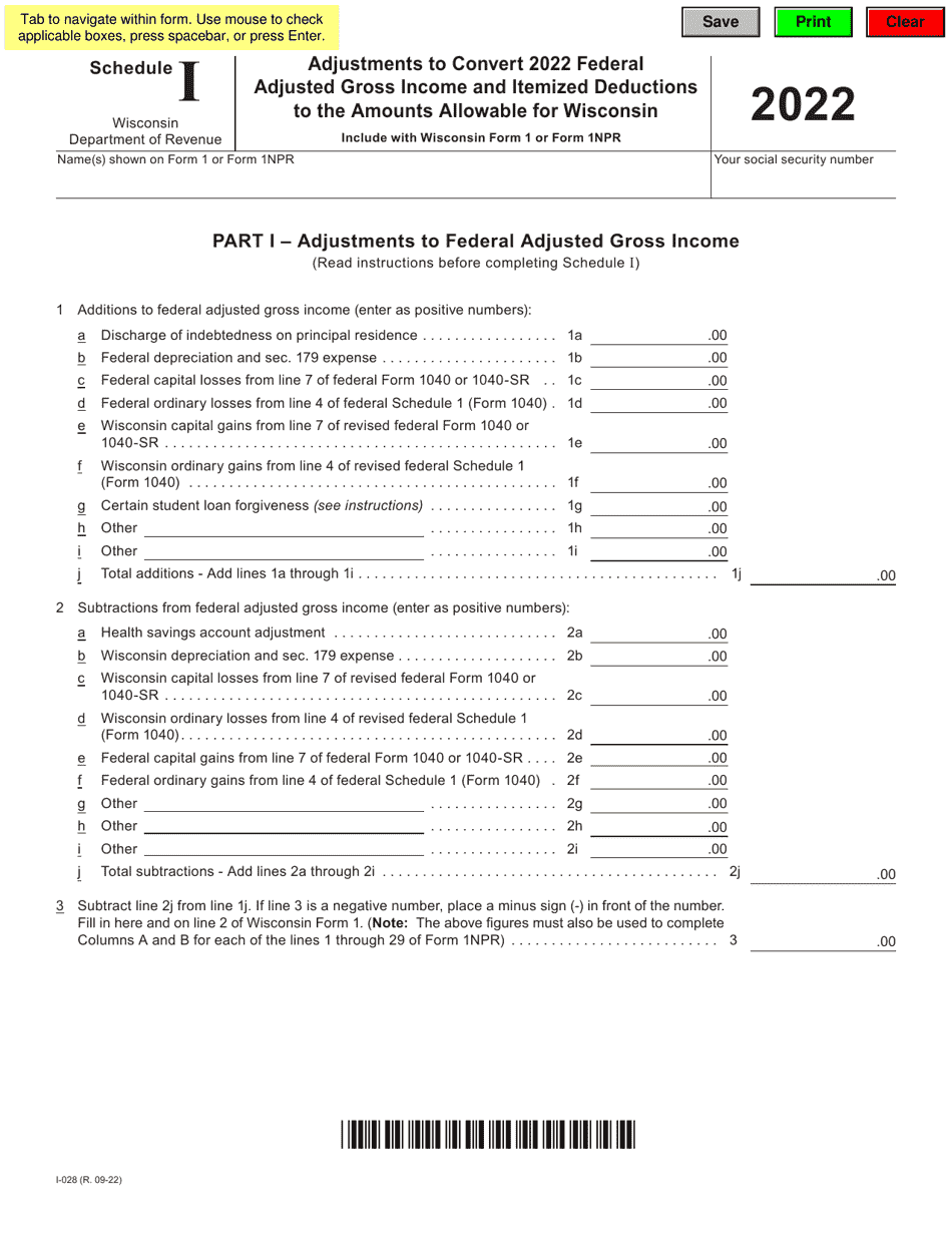 Form I-028 Schedule I Adjustments to Convert Federal Adjusted Gross Income and Itemized Deductions to the Amounts Allowable for Wisconsin - Wisconsin, Page 1