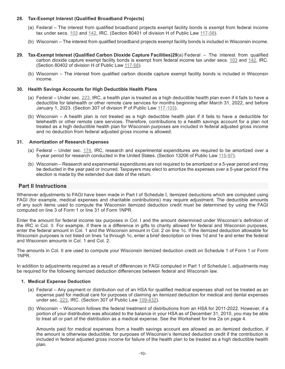Instructions for Form I-028 Schedule I Adjustments to Convert Federal Adjusted Gross Income and Itemized Deductions to the Amounts Allowable for Wisconsin - Wisconsin, Page 10