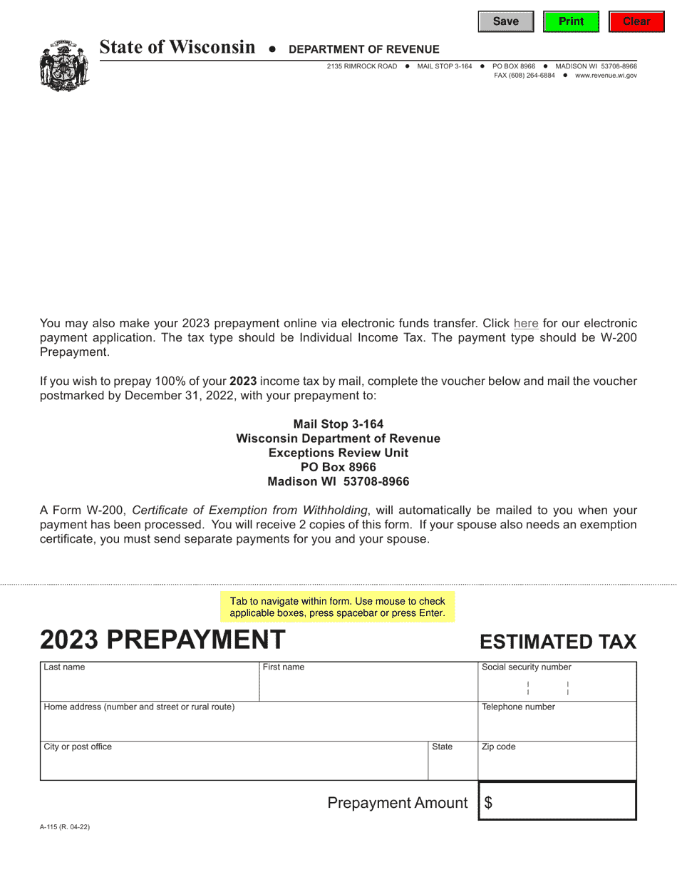 Form A-115 Prepayment Voucher - Wisconsin, Page 1