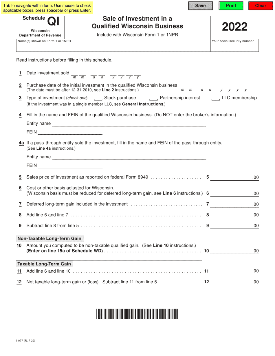 Form I-077 Schedule QI Sale of Investment in a Qualified Wisconsin Business - Wisconsin, Page 1