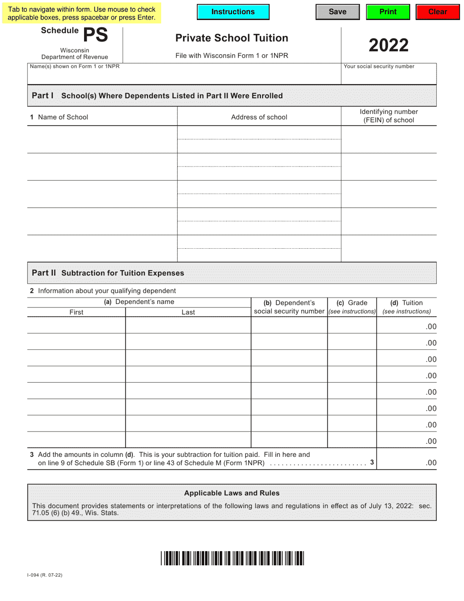 Form I-094 Schedule PS Private School Tuition - Wisconsin, Page 1