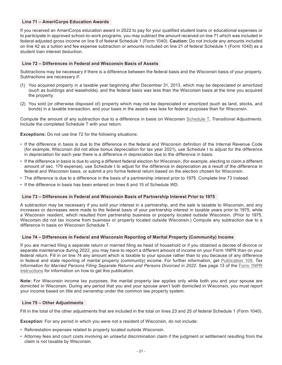 Instructions for Form I-053I Schedule M Additions to and Subtractions From Income - Wisconsin, Page 22