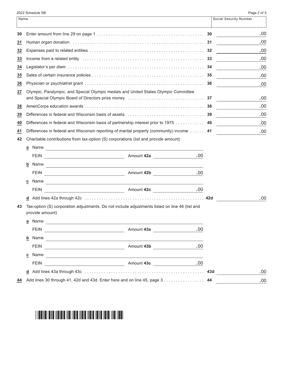 Form 1 (I-0103) Schedule SB Subtractions From Income - Wisconsin, Page 2