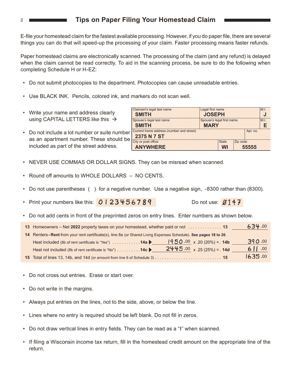 Instructions for Form I-016I, I-015I Schedule H, H-EZ - Wisconsin, Page 2