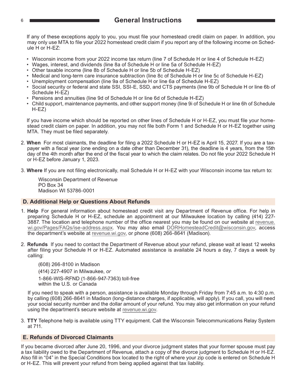 Instructions for Form I-016I, I-015I Schedule H, H-EZ - Wisconsin, Page 6