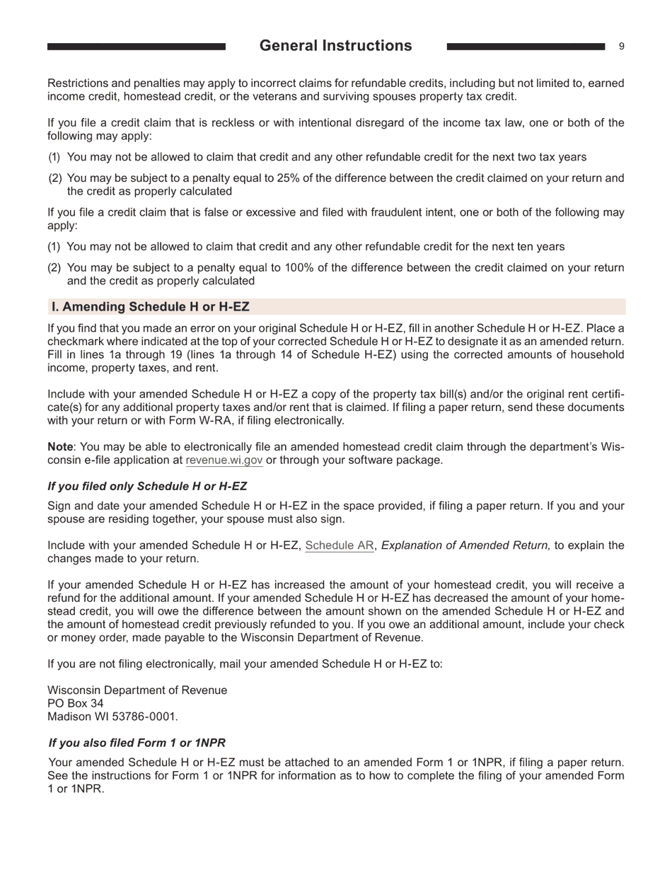 Instructions for Form I-016I, I-015I Schedule H, H-EZ - Wisconsin, Page 9