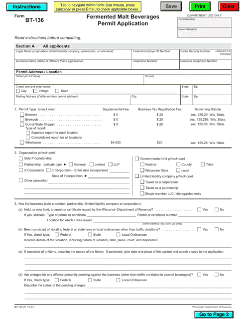 Form BT-136 Fermented Malt Beverages Permit Application - Wisconsin