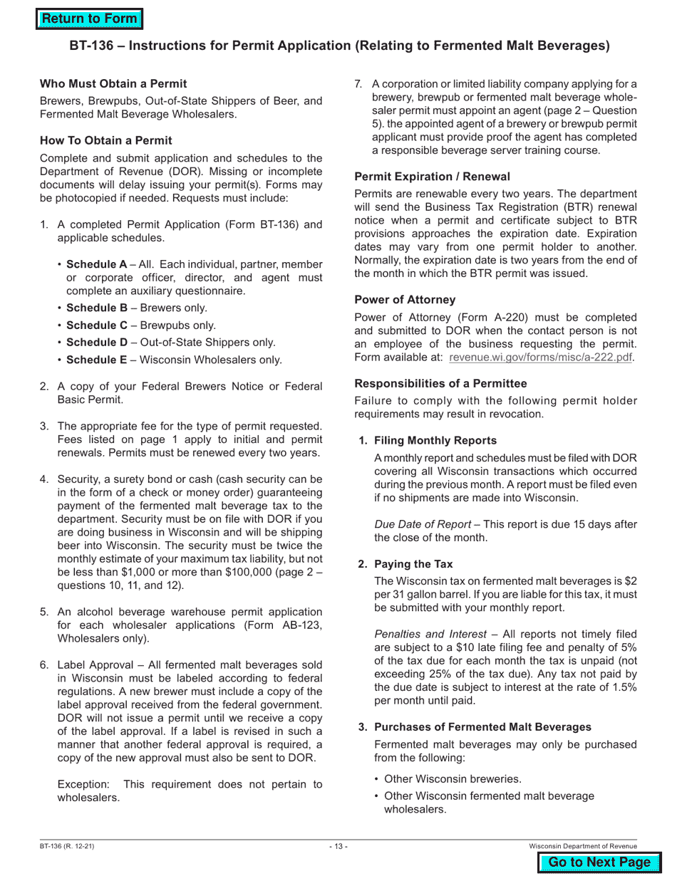 Form BT-136 Fermented Malt Beverages Permit Application - Wisconsin, Page 13