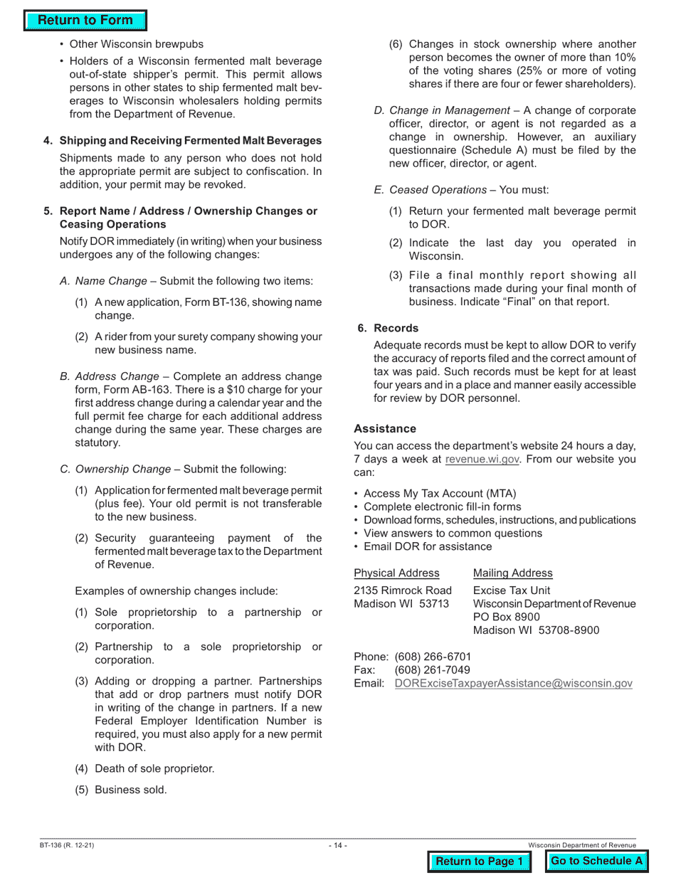 Form BT-136 Fermented Malt Beverages Permit Application - Wisconsin, Page 14