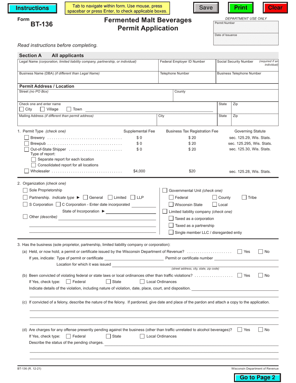 Form BT-136 Fermented Malt Beverages Permit Application - Wisconsin, Page 1