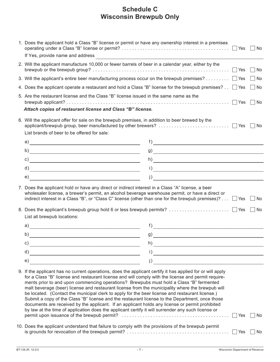 Form BT-136 Fermented Malt Beverages Permit Application - Wisconsin, Page 7