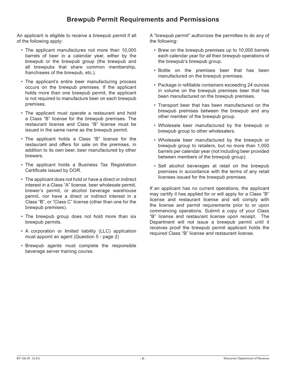 Form BT-136 Fermented Malt Beverages Permit Application - Wisconsin, Page 8