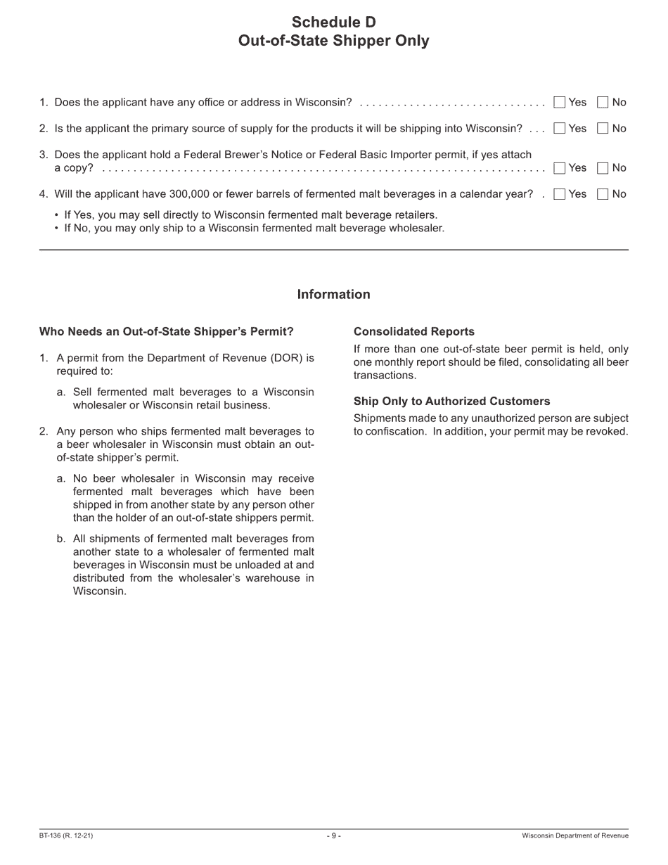 Form BT-136 Fermented Malt Beverages Permit Application - Wisconsin, Page 9