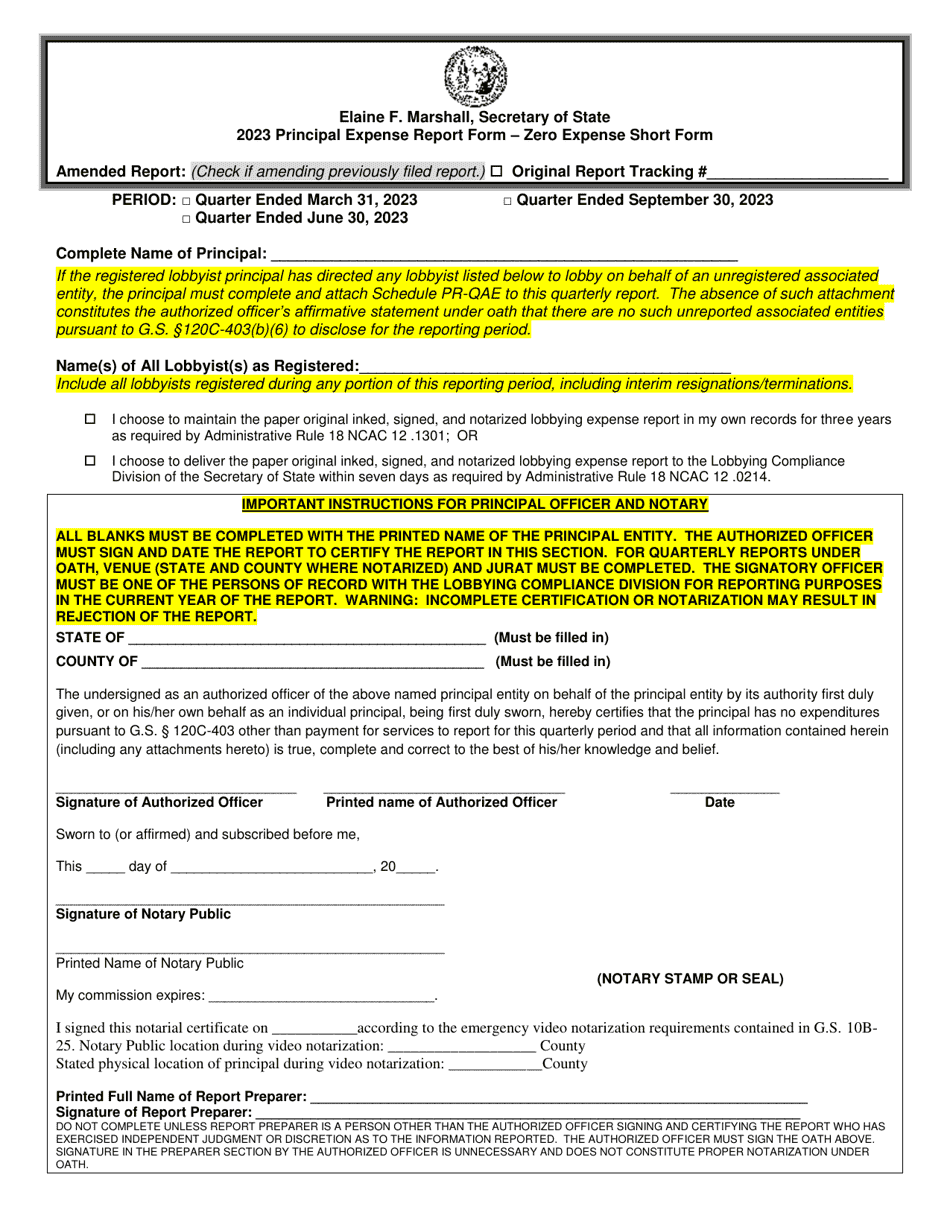 Quarterly Videoconferencing Notarization Principal Expense Report Form - Zero Expense Short Form - North Carolina, Page 1