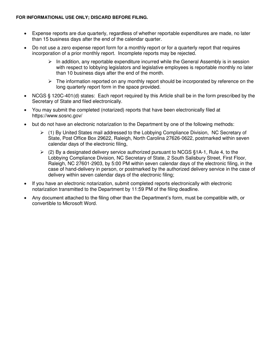 Quarterly Videoconferencing Notarization Principal Expense Report Form - Zero Expense Short Form - North Carolina, Page 2