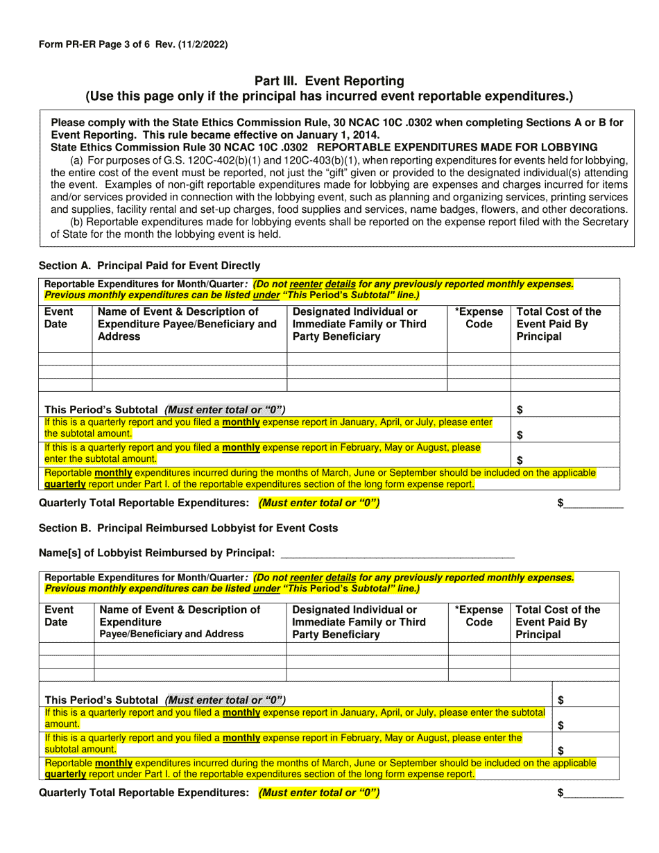 Form PR-ER Principal Quarterly Videoconferencing Notarization Expense Report - Long Form - North Carolina, Page 3