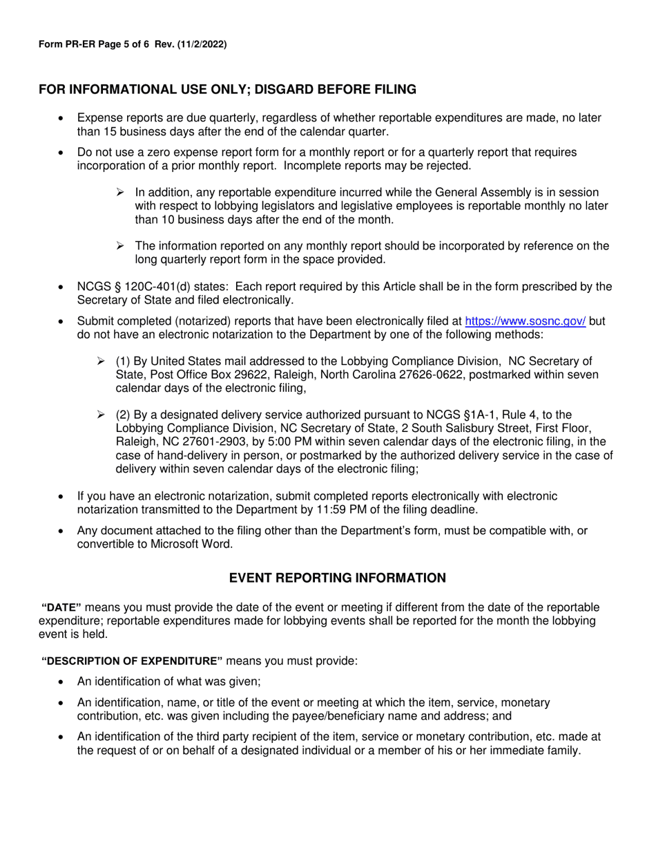 Form PR-ER Principal Quarterly Videoconferencing Notarization Expense Report - Long Form - North Carolina, Page 5
