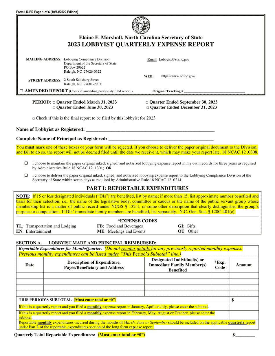 Form LR-ER Lobbyist Quarterly Expense Report - North Carolina, Page 1