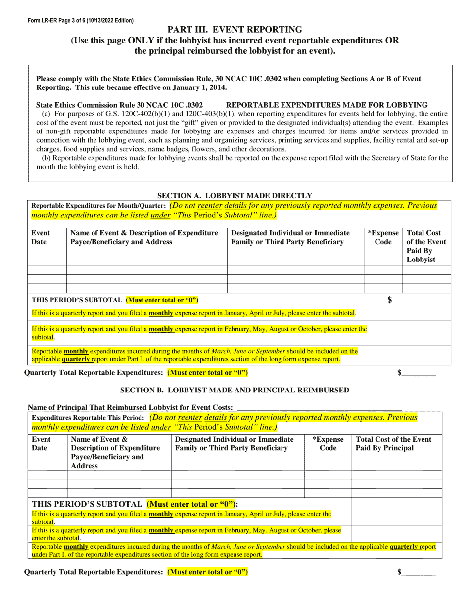 Form LR-ER Lobbyist Quarterly Expense Report - North Carolina, Page 3