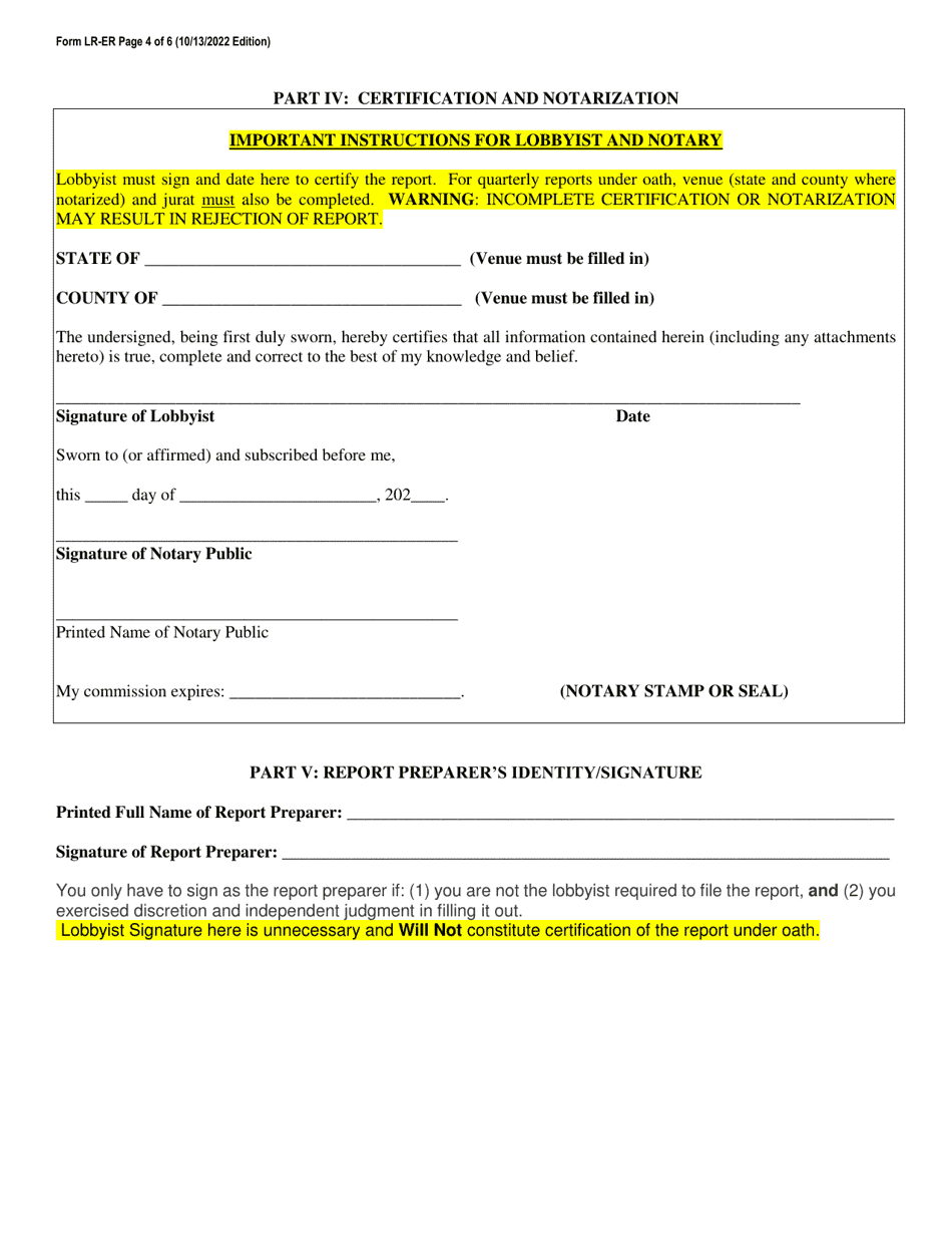 Form LR-ER Lobbyist Quarterly Expense Report - North Carolina, Page 4