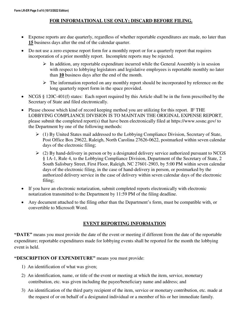 Form LR-ER Lobbyist Quarterly Expense Report - North Carolina, Page 5