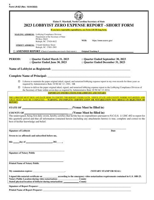 Form LR-EZ Lobbyist Videoconferencing Notarization Zero Expense Report - Short Form - North Carolina, 2023