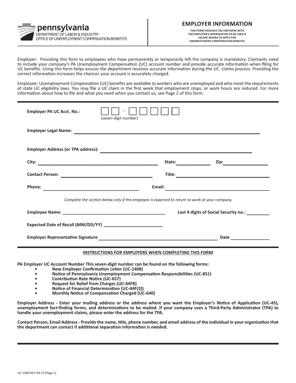 Form UC-1609 Employer Information - Pennsylvania, Page 1
