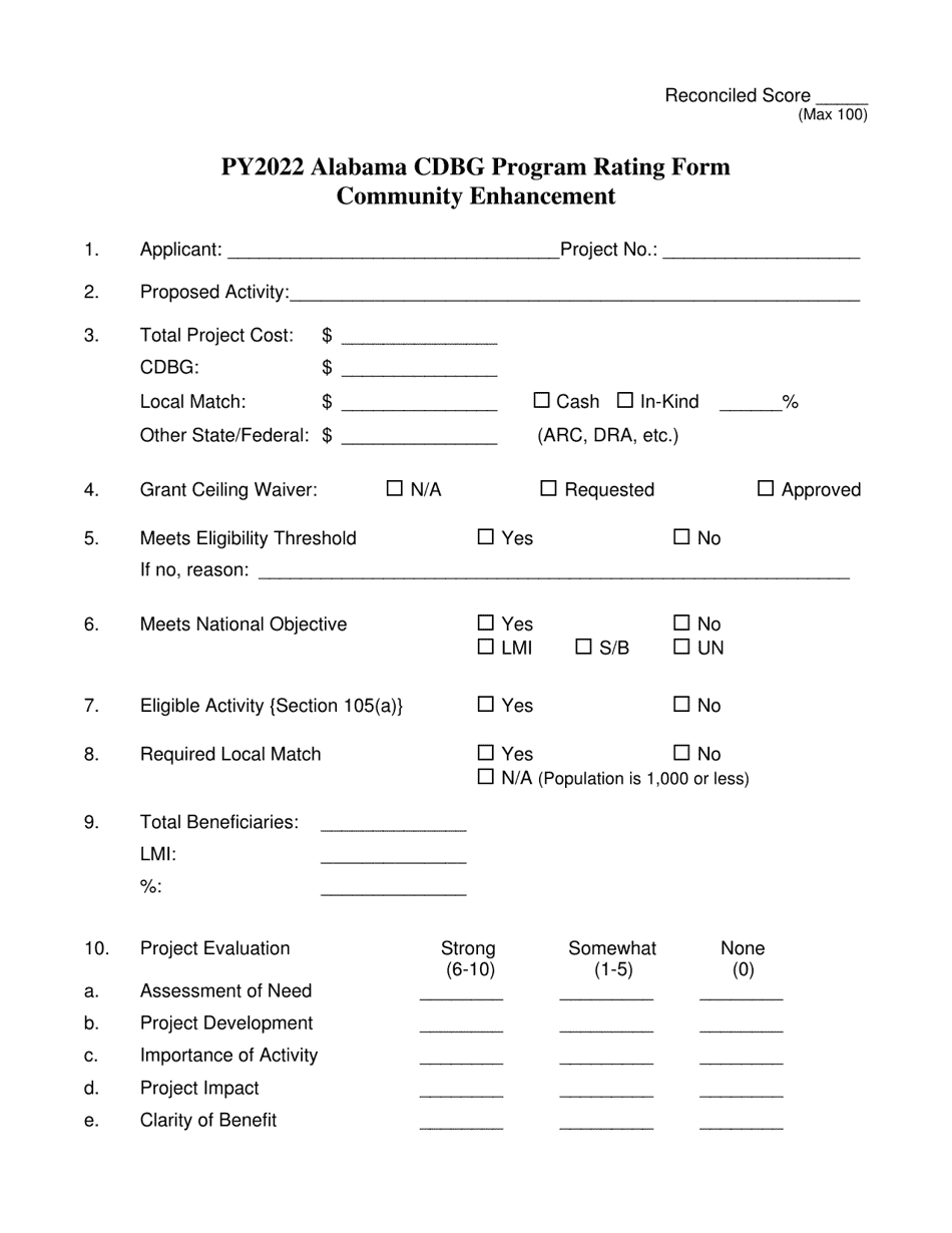 2022 Alabama Alabama Cdbg Program Rating Form - Community Enhancement ...