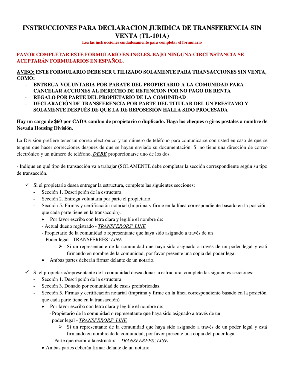 Form TL-101A Transfer Without Sale Affidavit - Nevada (English / Spanish), Page 1