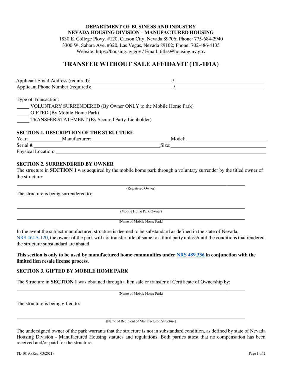 Form TL-101A Transfer Without Sale Affidavit - Nevada (English / Spanish), Page 4
