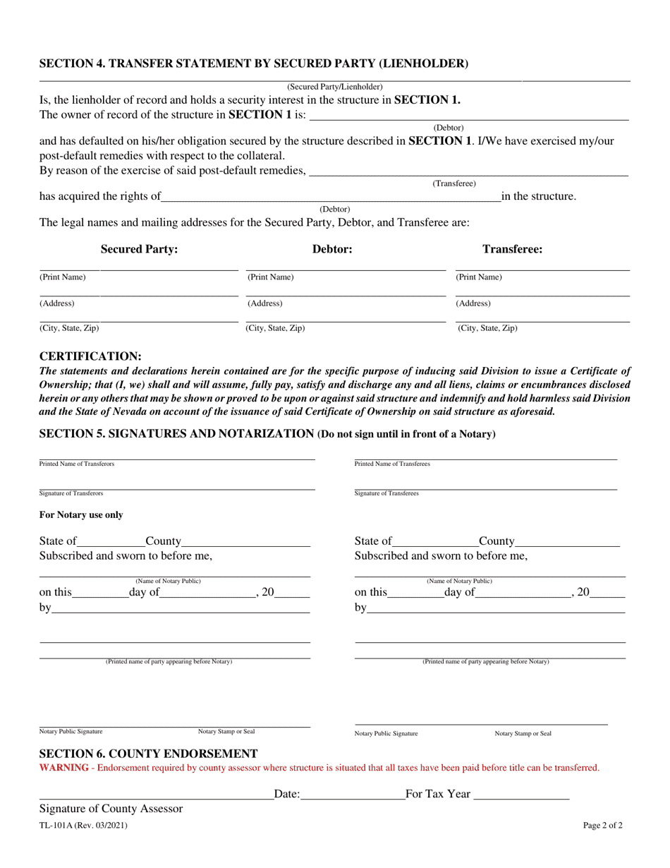 Form TL-101A Transfer Without Sale Affidavit - Nevada (English / Spanish), Page 5