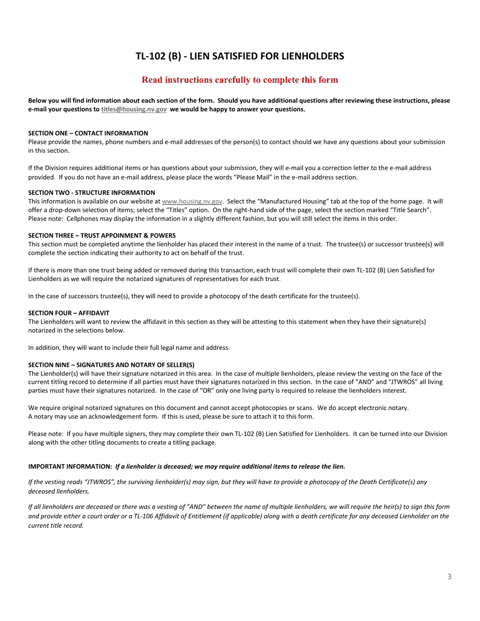 Form TL-102 (B) Lien Satisfied for Lienholders - Nevada, Page 3