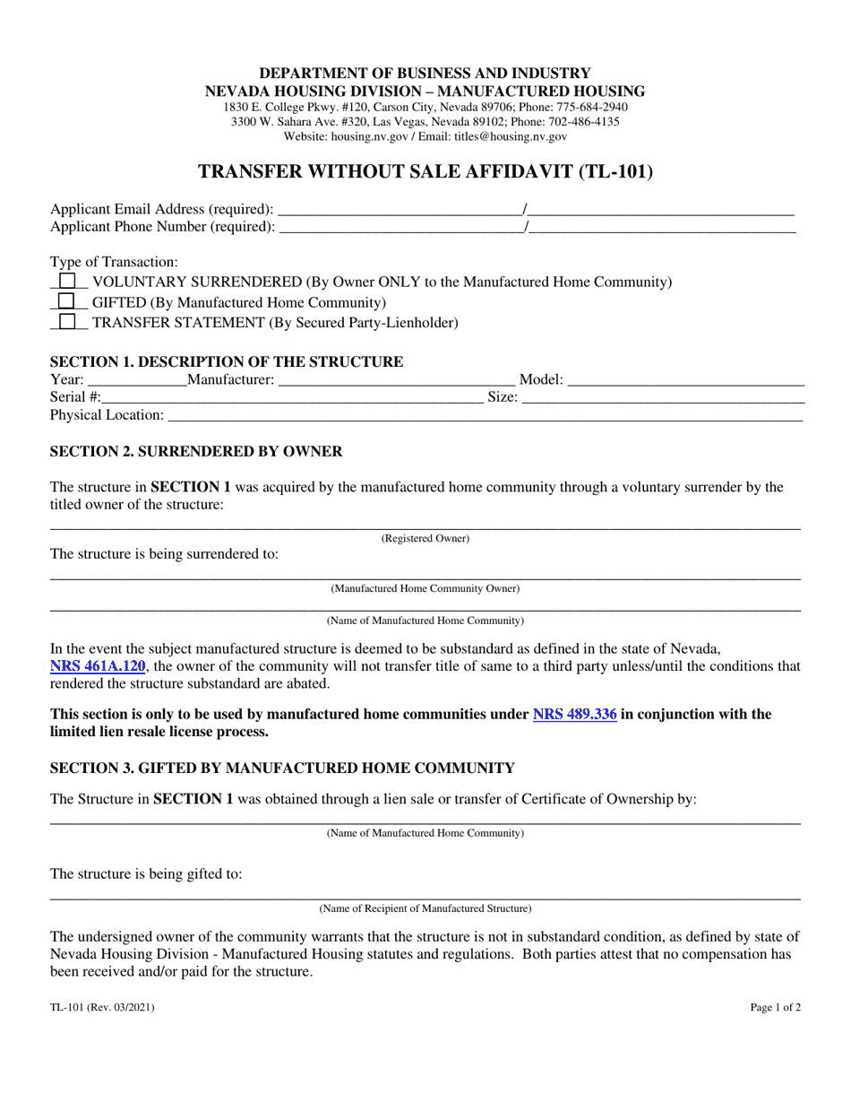 Form TL-101 - Fill Out, Sign Online And Download Fillable PDF, Nevada ...