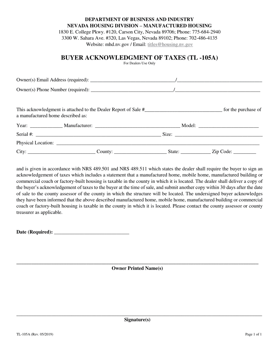 Form TL-105A Buyer Acknowledgment of Taxes - Nevada (English / Spanish), Page 2