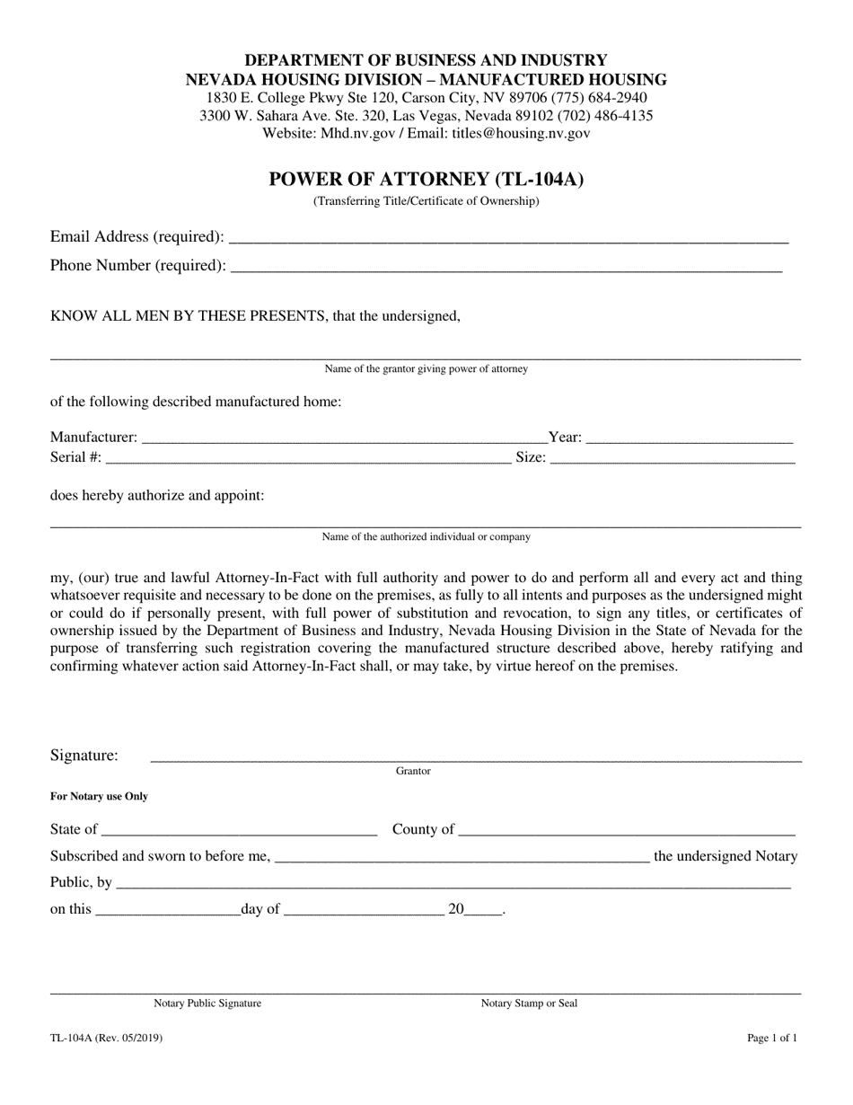 Form TL-104A Power of Attorney - Nevada (English / Spanish), Page 2
