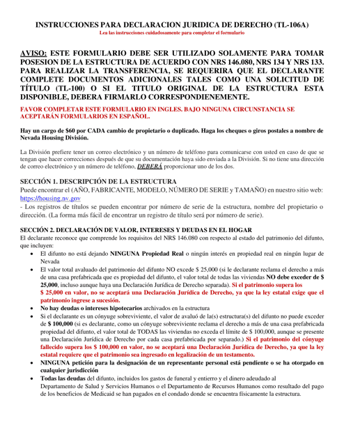 Form TL-106 Affidavit of Entitlement (Tl-106) - Nevada (English/Spanish)