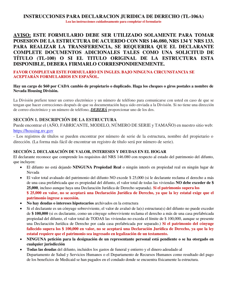 Form TL-106 Affidavit of Entitlement (Tl-106) - Nevada (English / Spanish), Page 1