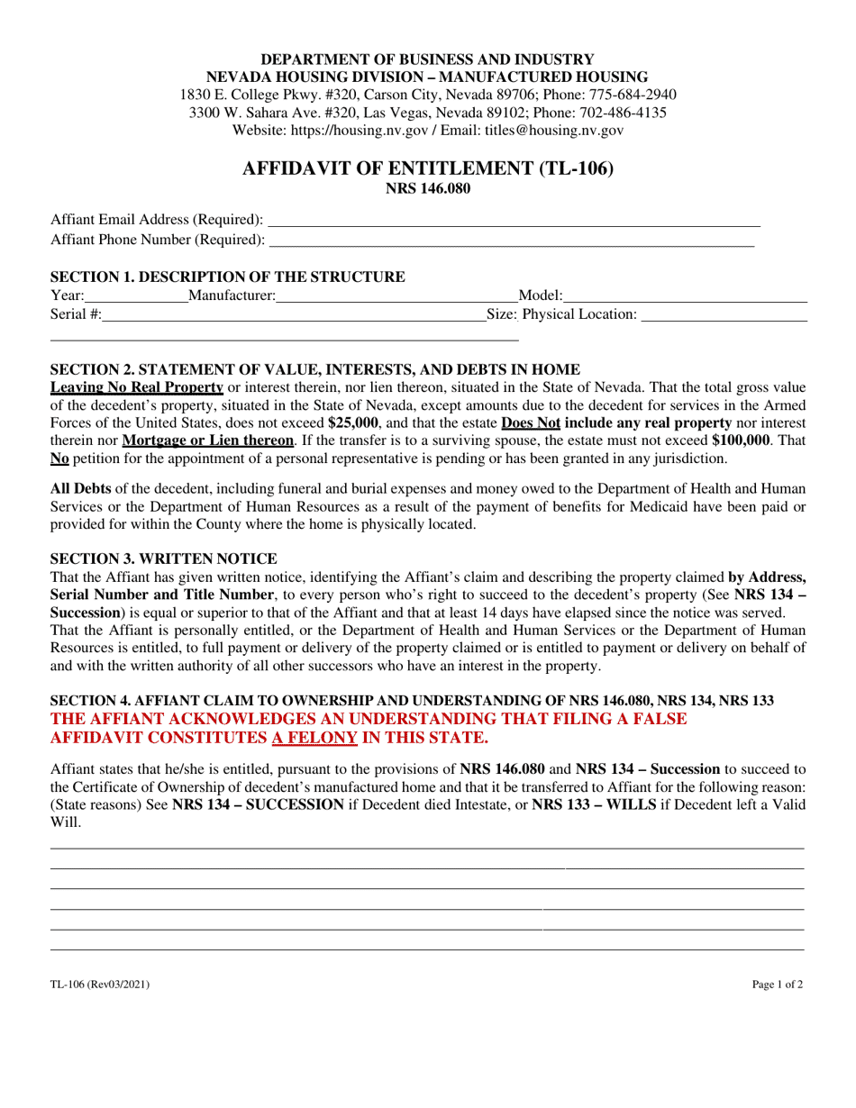 Form TL-106 Affidavit of Entitlement (Tl-106) - Nevada (English / Spanish), Page 3