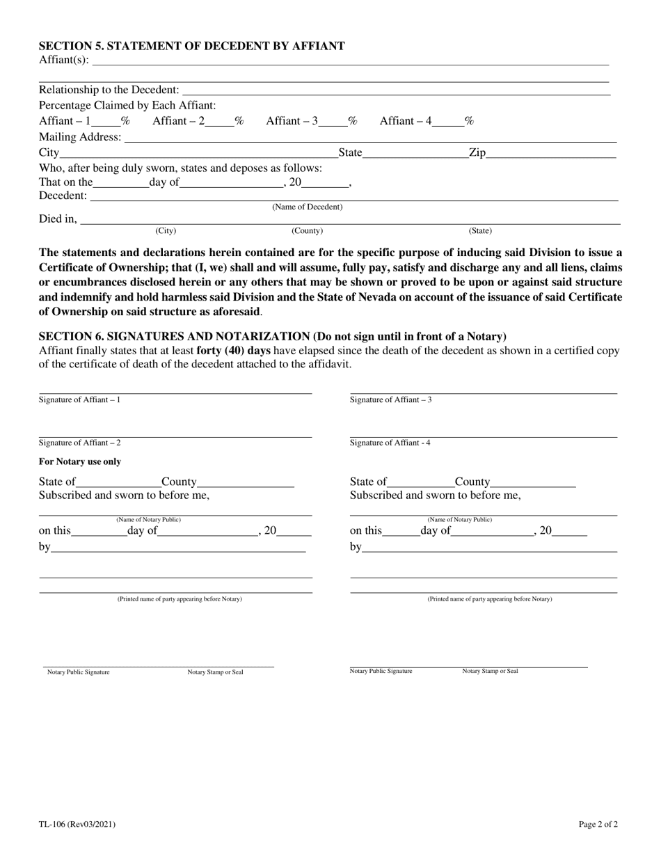 Form TL-106 - Fill Out, Sign Online and Download Printable PDF, Nevada ...