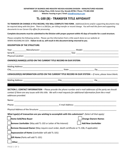 Form TL-100 (B) Transfer Title Affidavit - Nevada