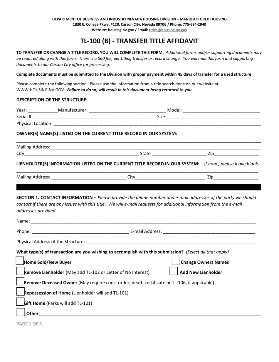Form TL-100 (B) Transfer Title Affidavit - Nevada, Page 1