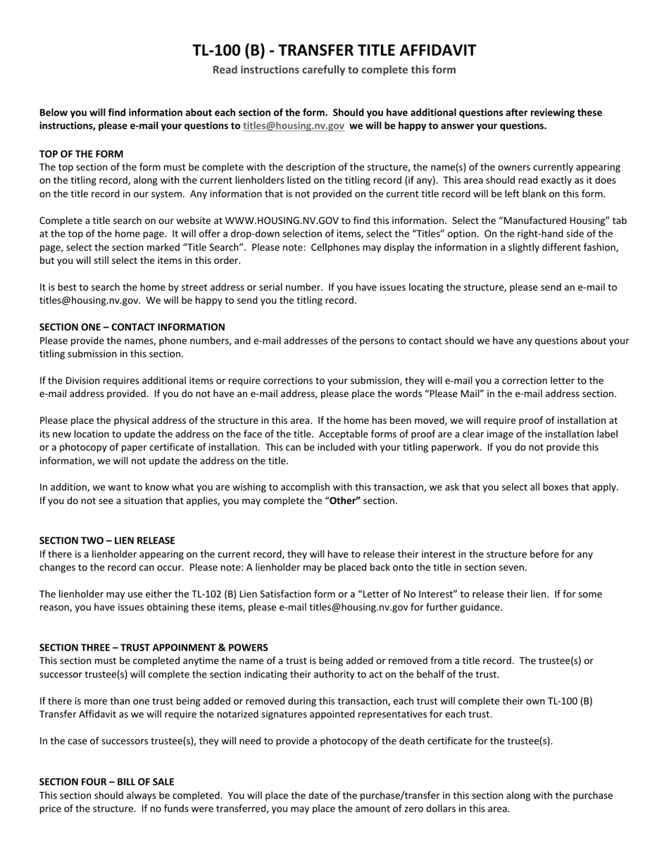 Form TL-100 (B) Transfer Title Affidavit - Nevada, Page 4