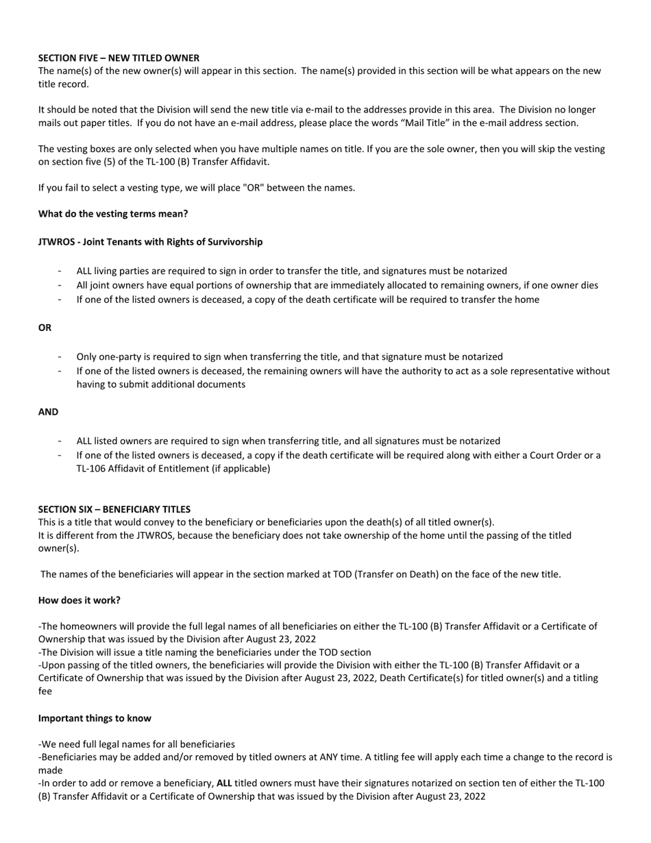 Form TL-100 (B) Transfer Title Affidavit - Nevada, Page 5