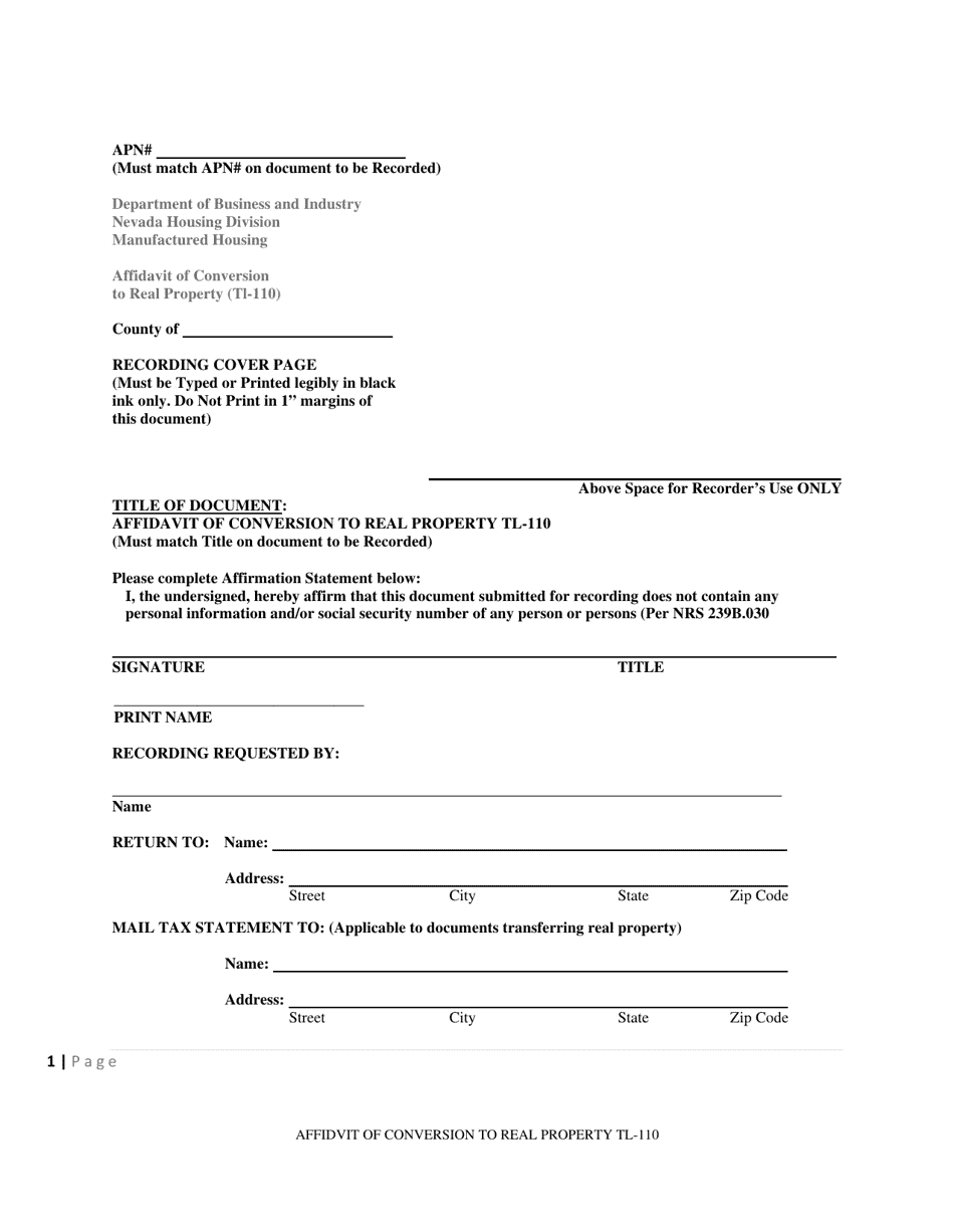 Form TL-110 Affidavit of Conversion to Real Property - Nevada, Page 1