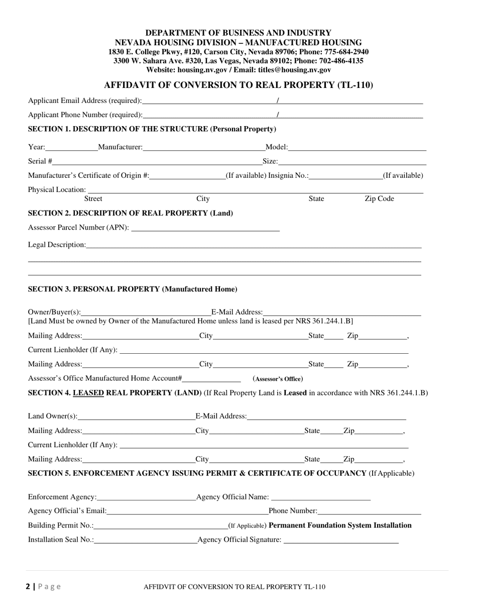 Form TL-110 - Fill Out, Sign Online And Download Fillable PDF, Nevada ...