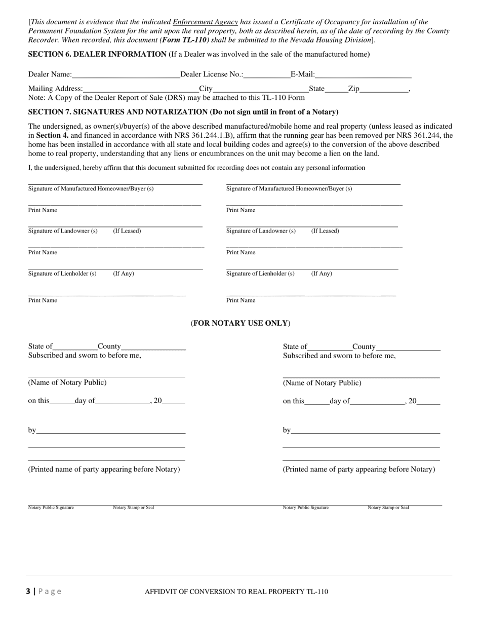 Form TL-110 Affidavit of Conversion to Real Property - Nevada, Page 3