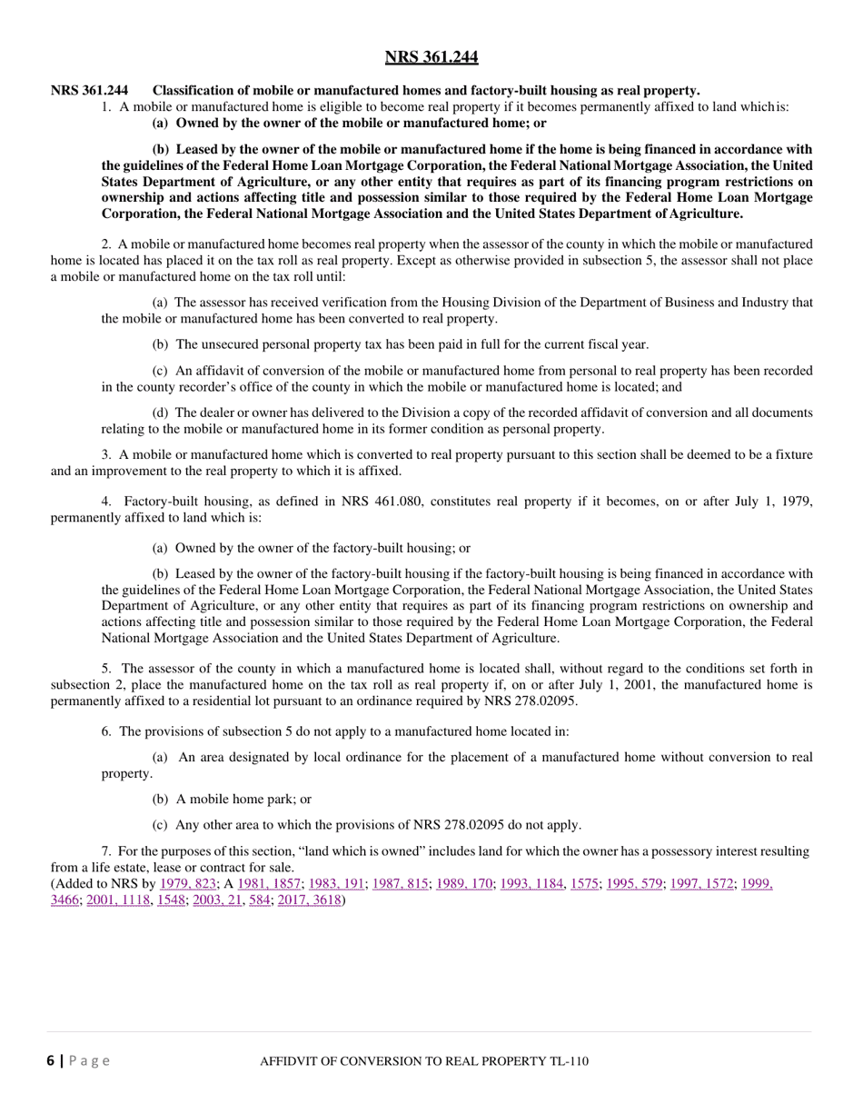 Form TL-110 Affidavit of Conversion to Real Property - Nevada, Page 6