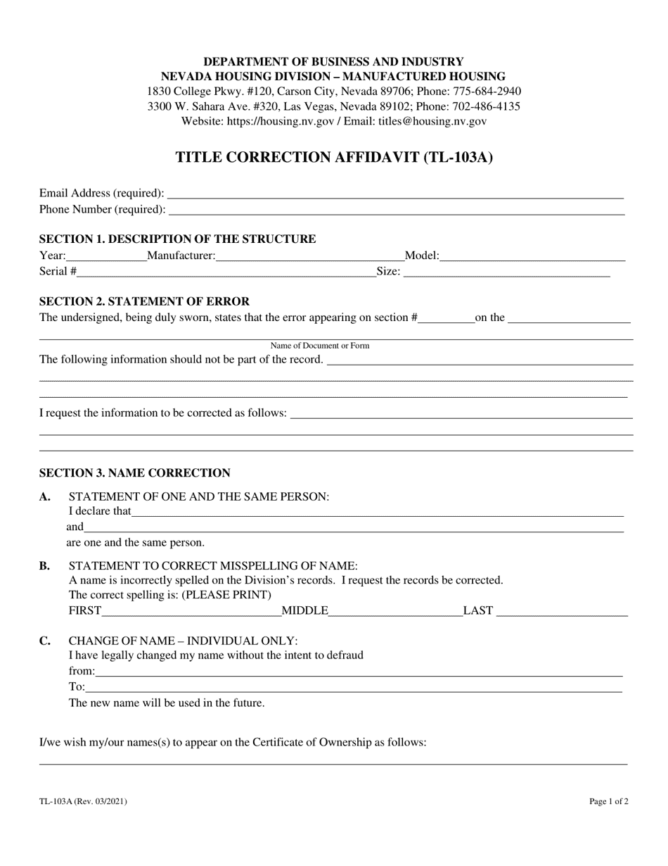 Form TL-103A Title Correction Affidavit - Nevada (English / Spanish), Page 3